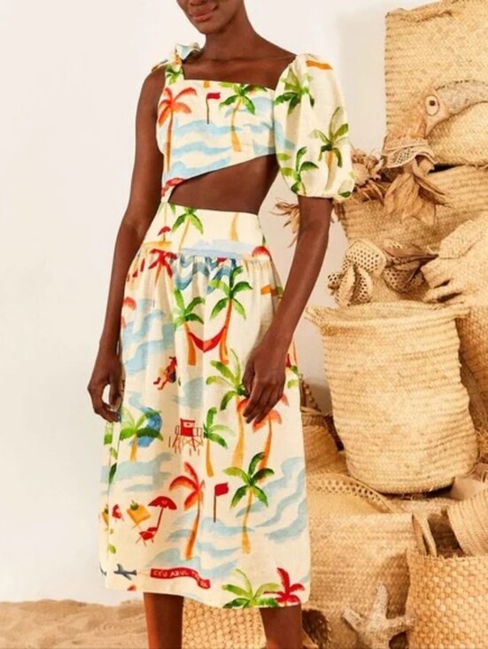 FARM Rio Dresses & Skirts - FARM Rio Copacabana Linen-Blend Cutout Midi Dress